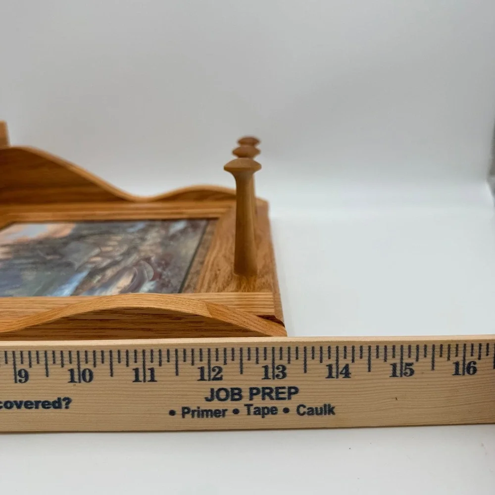 Rustic Oak Wood Wall Shelf Cabin Tile Inlay 3-Peg Key Rack Lodge Decor 13in